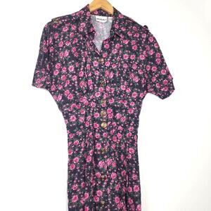 Vintage Pink Rose Print Shirt Dress Black 8